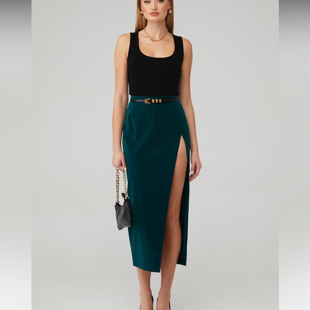 LAMARQUE Jay Faux-Leather High-Slit Maxi Skirt Green XS